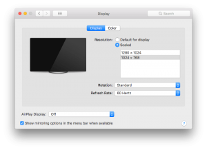 Menampilkan daftar lengkap resolusi layar pada mode Scaled di Mac