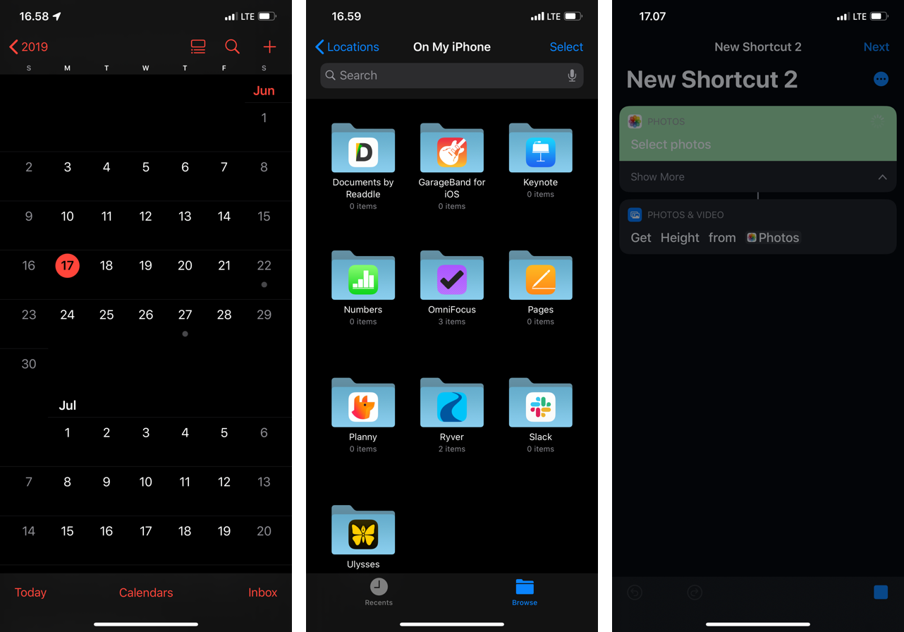 Tampilan dark mode di iOS 13 pada aplikasi Calendars, Files dan Shortcuts